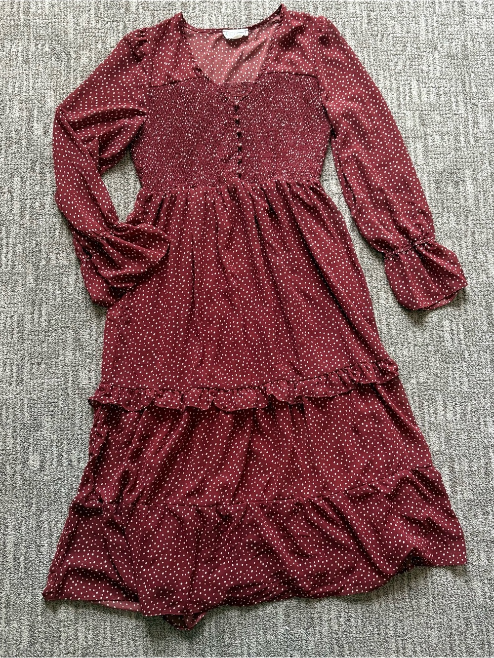 Loveriche Deep Red polka dot tiered midi dress size Large long sleeve
